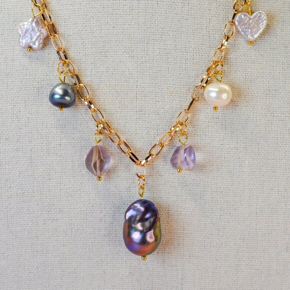 Pearl & Ametrine Charm Necklace - 16.5" to 18.5" - Picture 2 of 8